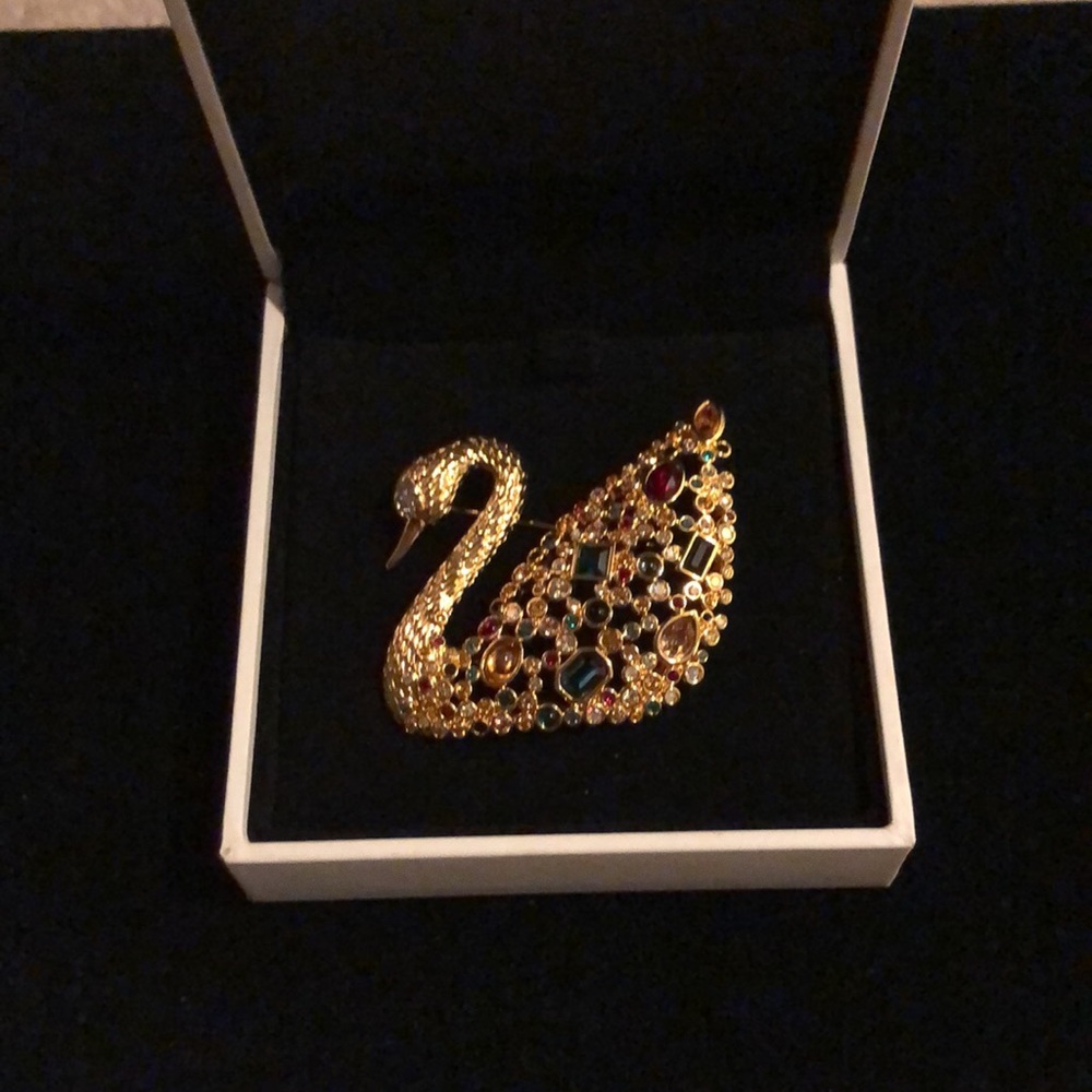 Rare Swarovski 100 year centenary gold swan brooch pin jewel toned crystals NEW